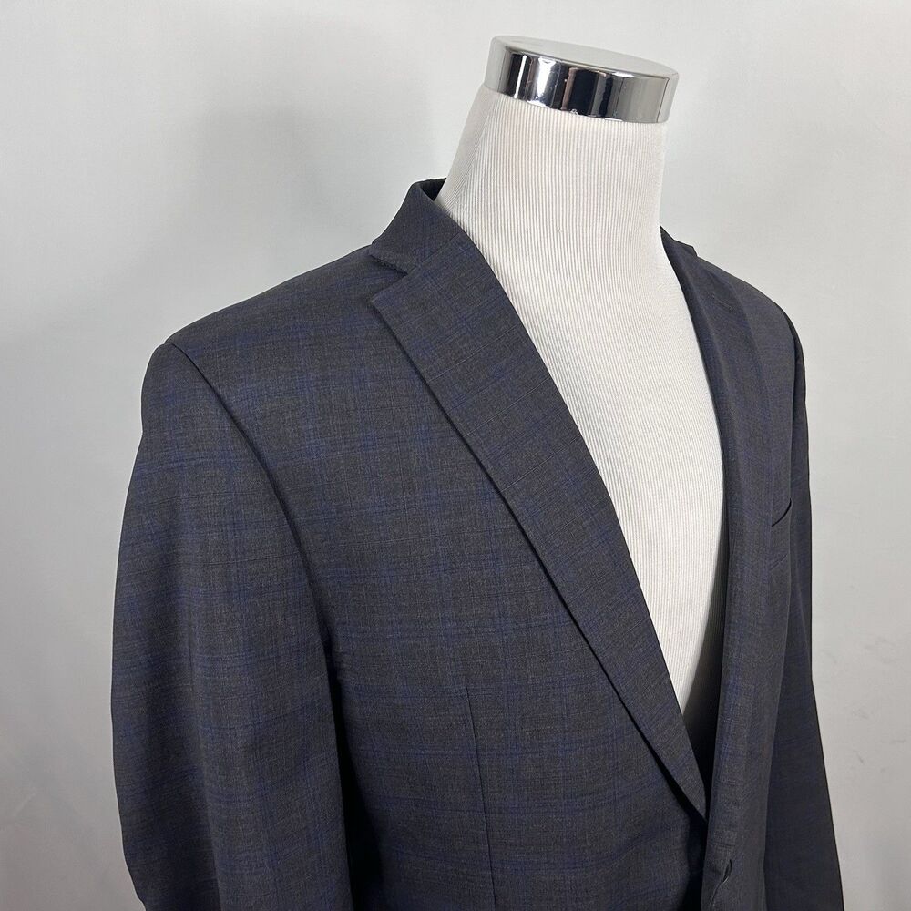 Michael Kors 42R Sport Coat 100% Wool Gray Blue Plaid Two Button Double Vented